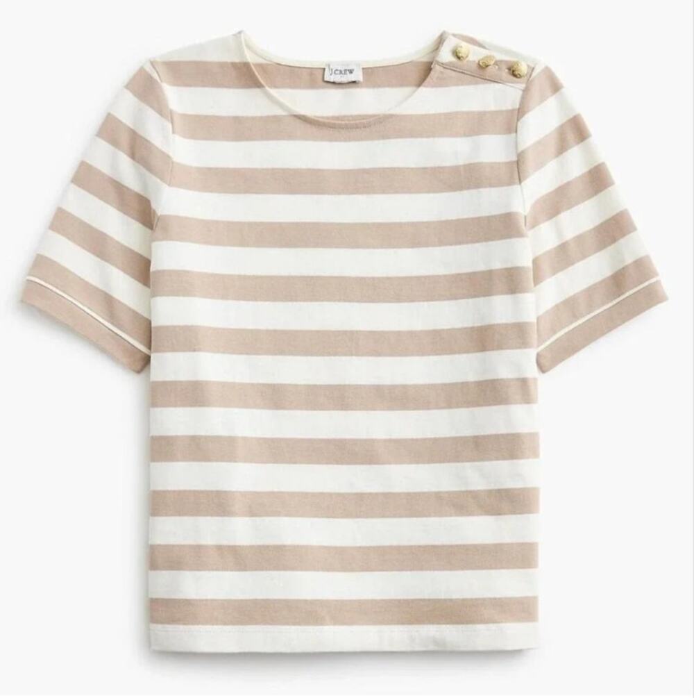 J. Crew Striped Cotton Short Sleeve Tee Shirt Gold Buttons Cream Tan Small